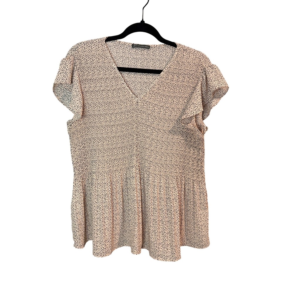 Adrianna Papell Pink Black Micro Print Plisse V-Neck‎ Flutter Sleeve Blouse